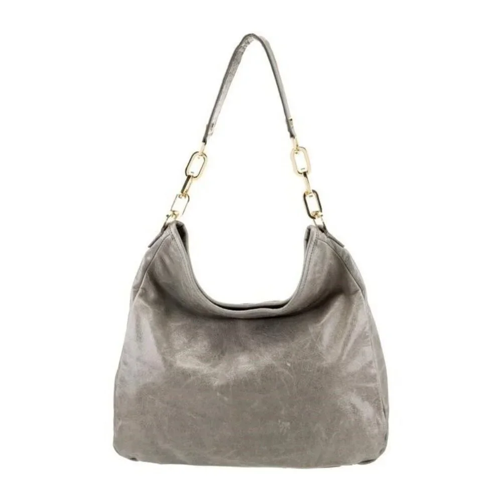 Tory Burch Grey & Metallic Leather Snap Shoulder Bag – Gold Hardware – Preowned